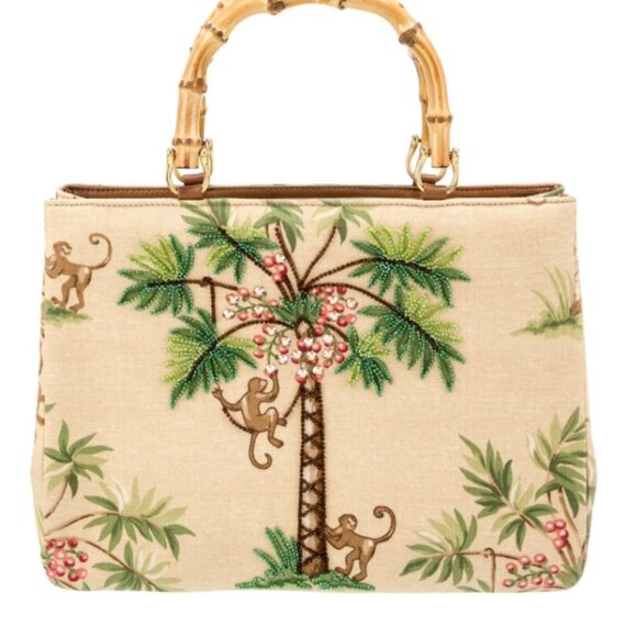 Isabella Fiore Embellished Island Print Monkey Palm Holiday Vintage Bag Bamboo - Picture 7 of 7